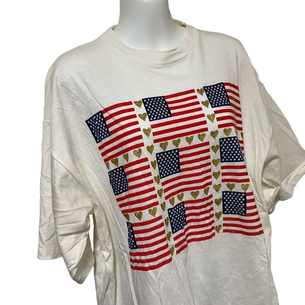 Vintage Hering American Flag Gold Glitter Hearts Single Stitch Tee